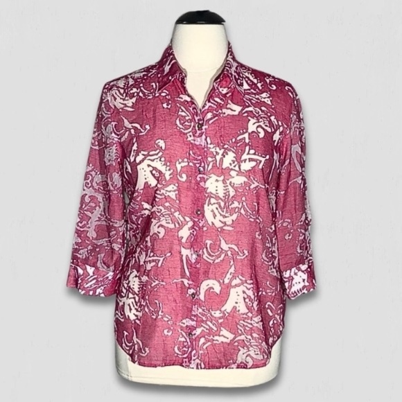 Chico's Abstract Linen Blend Button Down Shirt Pink White Extra Large - Picture 1 of 10